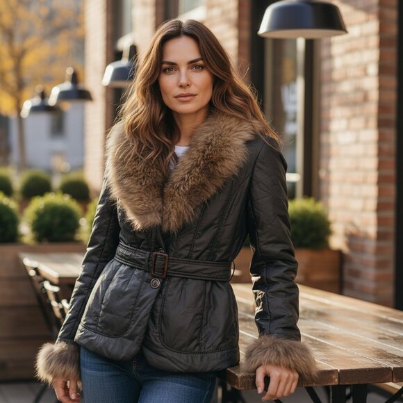 Vintage Jackets & Blazers - Vintage Fur Trimmed Belted Jacket